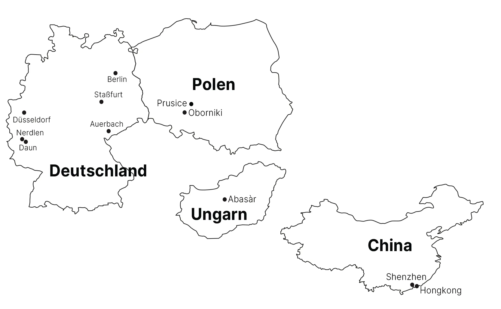 Mappa delle sedi TechniSat in Germania, Polonia, Ungheria e Cina.