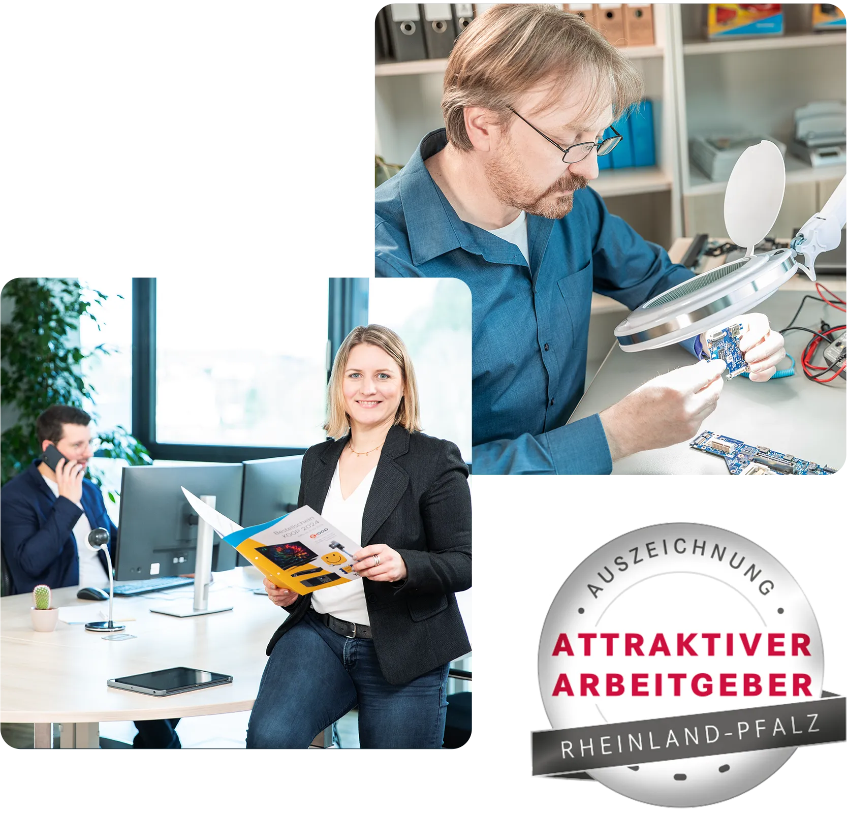 Collaboratrici e collaboratori TechniSat al lavoro, insieme al sigillo „Attraktiver Arbeitgeber Rheinland-Pfalz“.