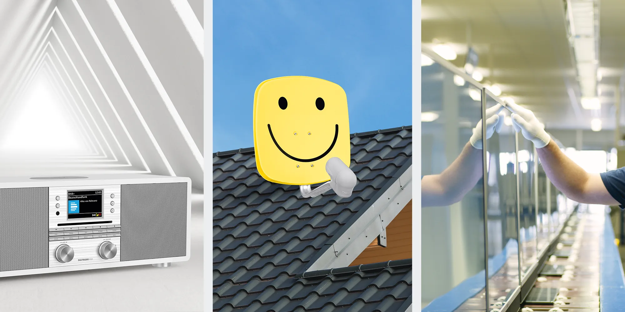 Modern white digital radio, smiley satellite dish on a house roof, and TV inspection by a man in a bright production hall.