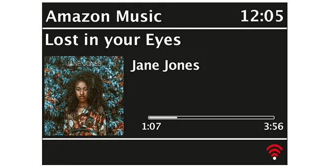 Das Display eines TechniSat Radios mit aktivierter Amazon Music Funktion zeigt Infos zum Musiktitel an.
