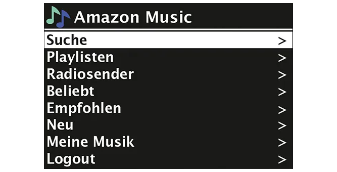 Das Display eines TechniSat Radios listet die Menüleiste der Amazon Music Funktion des Geräts auf. 