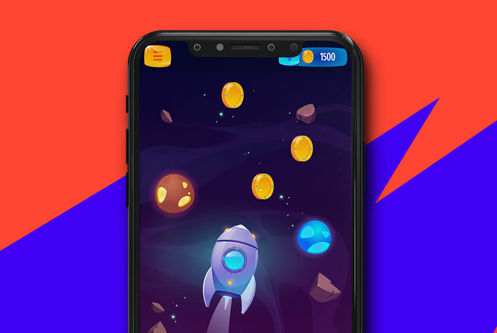 A smartphone shows a colorful space-themed game with a rocket and coins.