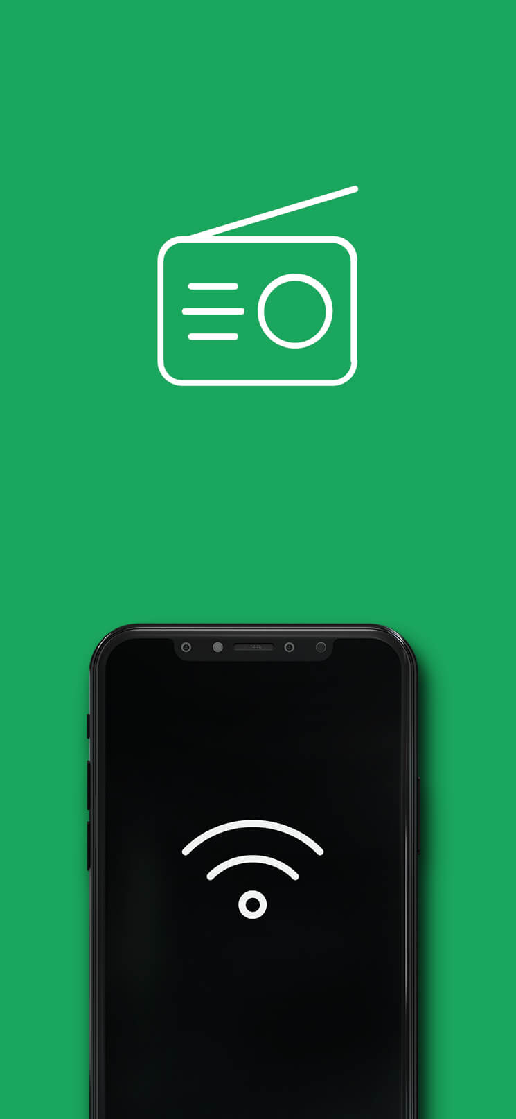 A smartphone displays a Wi-Fi symbol and a radio icon on a green background—symbolizing music streaming.