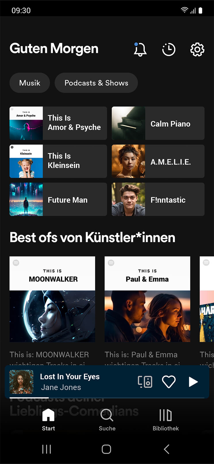 The home screen of the Spotify app on a smartphone shows music recommendations.
