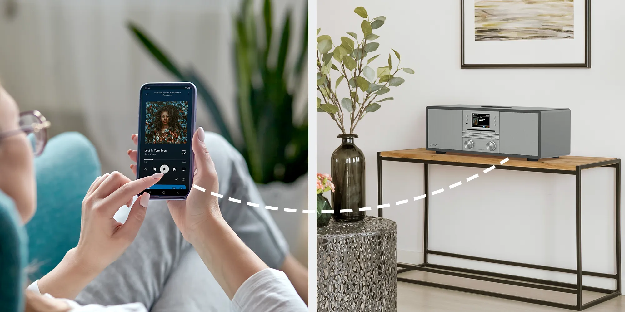 A woman is relaxing at home, playing music from her smartphone on her TechniSat radio via the Spotify app.
