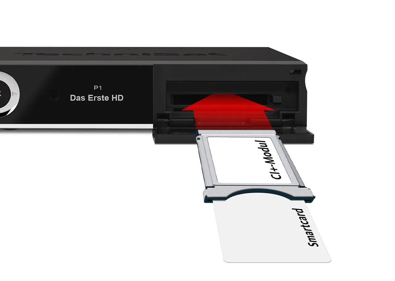Ein Pfeil demonstriert, wie und wo eine Karte für den Empfang von Pay-TV in einen TechniSat Receiver geschoben wird.