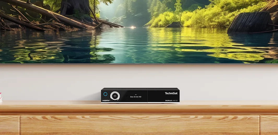 Ein TechniSat Digitalreceiver auf einem Holzmöbel vor einem Fernseher, der ein Naturmotiv in leuchtenden Farben zeigt. 