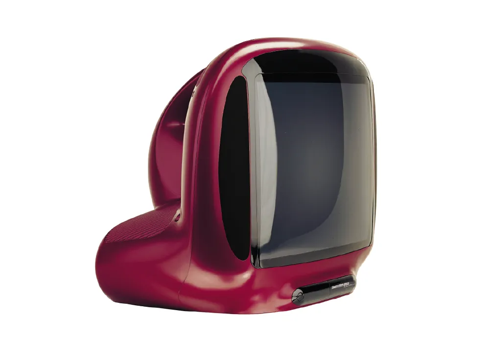 Ein Fernseher von TS im besonderen Colani-Design in roter Farbe vor weißem Hintergrund.