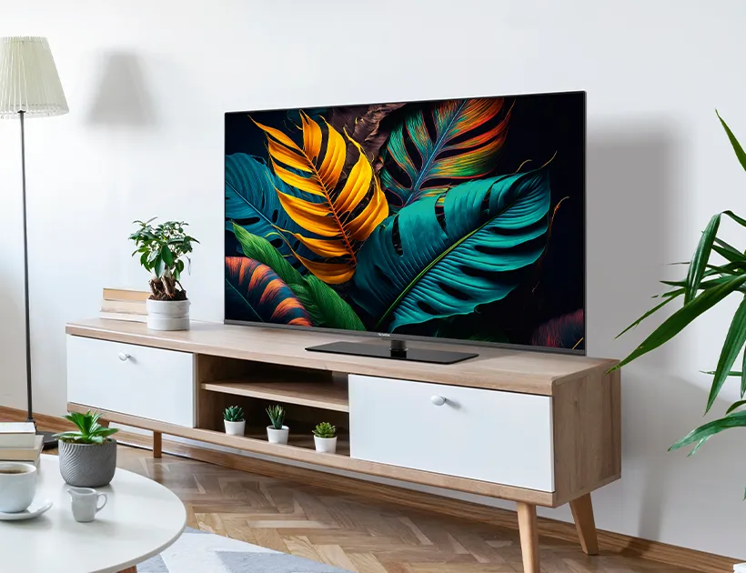 Modern TechniSat television displaying a vibrant HD image in a bright living room setting.