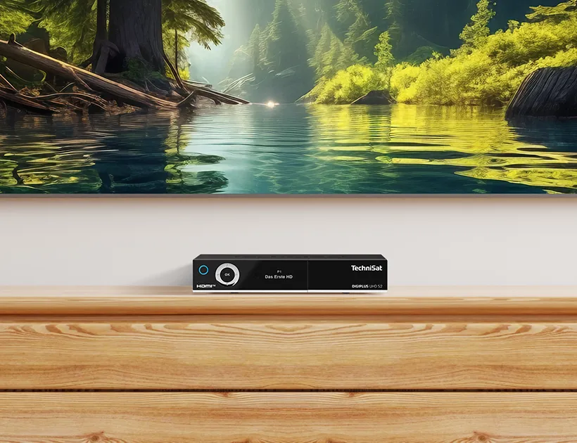 TechniSat receiver on a wooden shelf in front of a TV displaying a nature scene. Receivers are part of the HD and UHD-compatible product lineup.