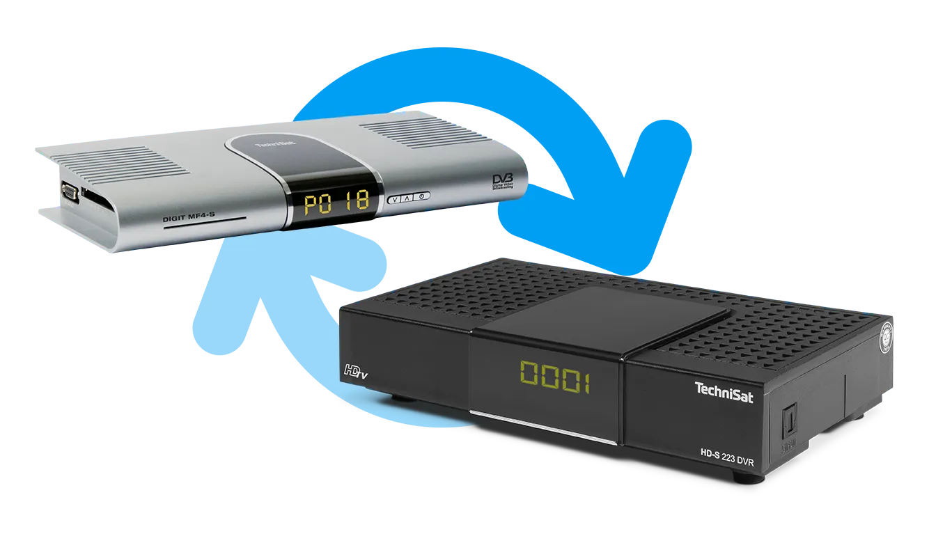 An arrow points from an old SD receiver to a new HD receiver, symbolising the required upgrade.