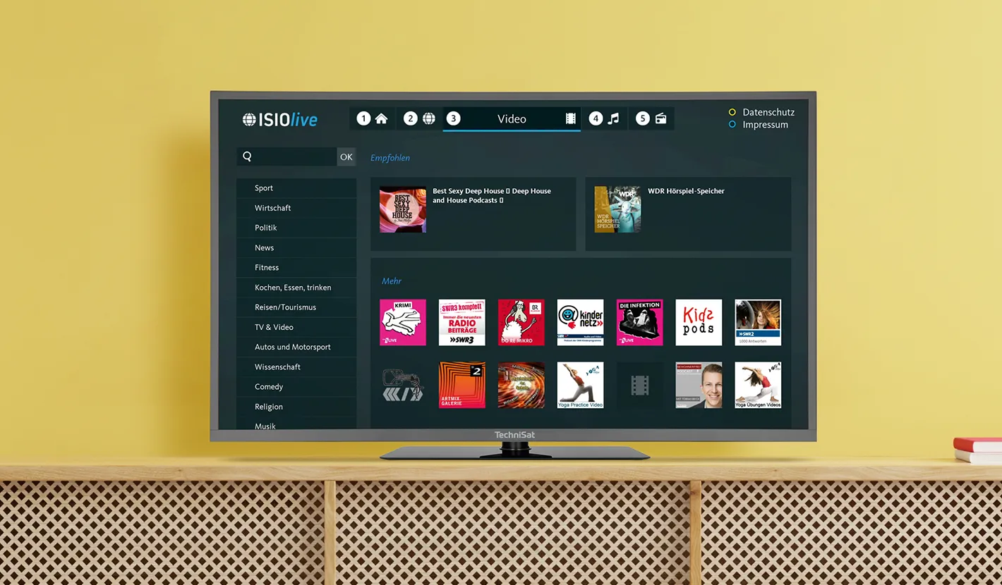 TechniSat TV TECHNILINE 32 ISI 2 on a wooden cabinet. The screen displays the intuitive and easy-to-use menu.