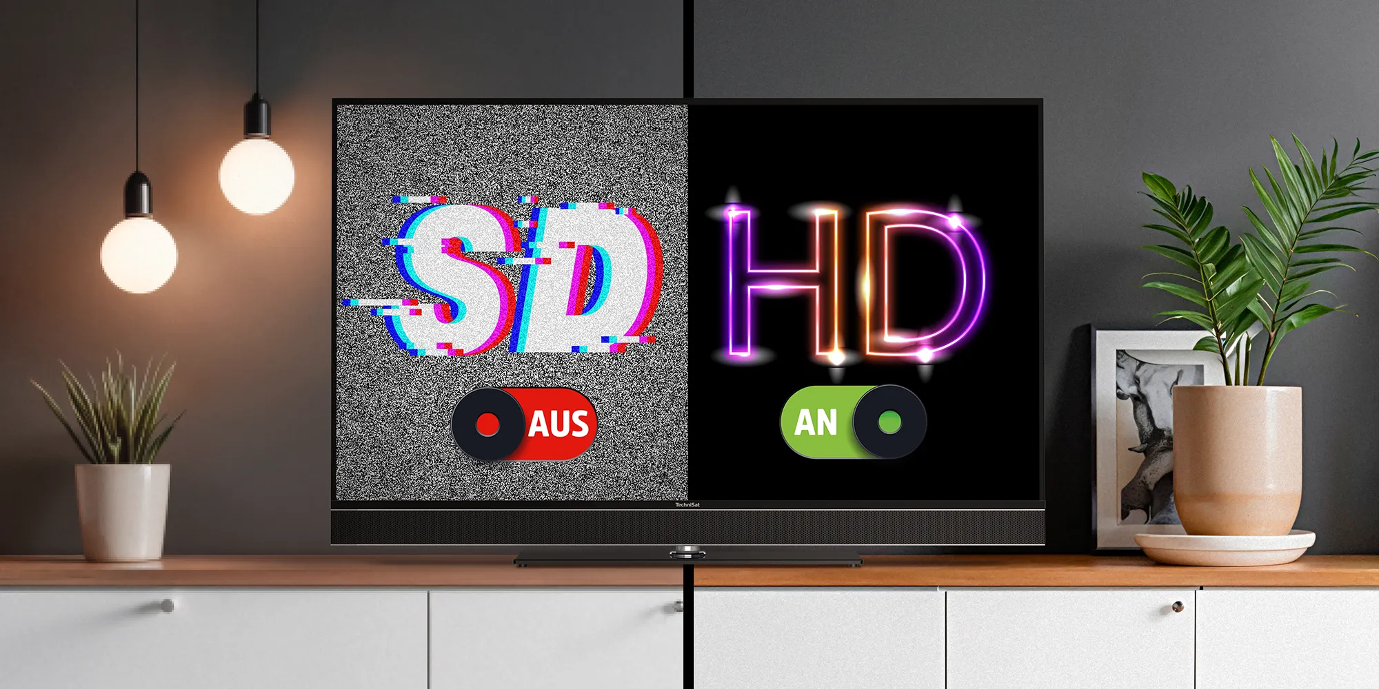 TechniSat TV shows comparison: on the left SD with noise and OFF switch, on the right HD in high quality with ON switch.