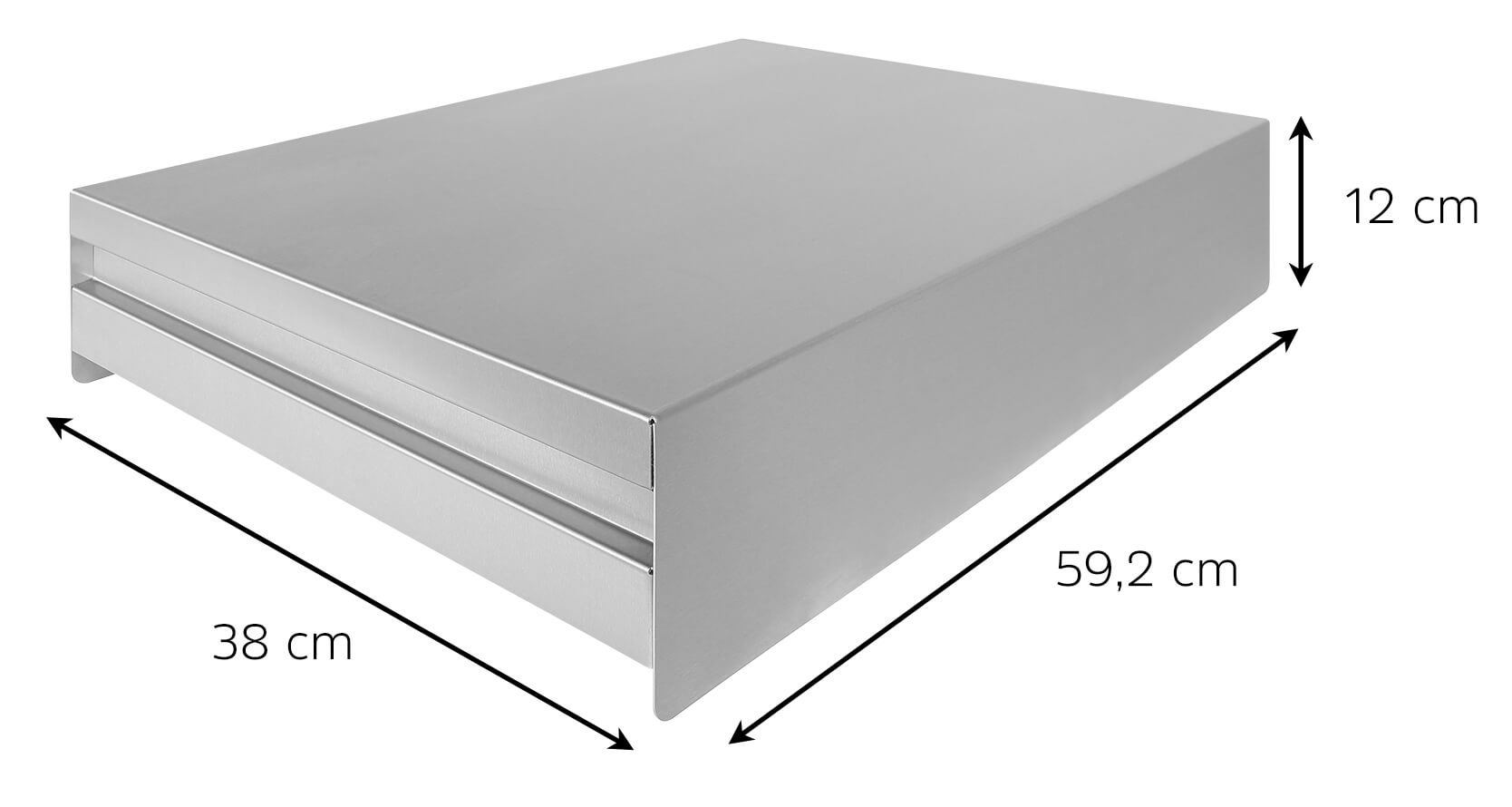 38cm Breite, 59,2cm Tiefe, 12cm Höhe