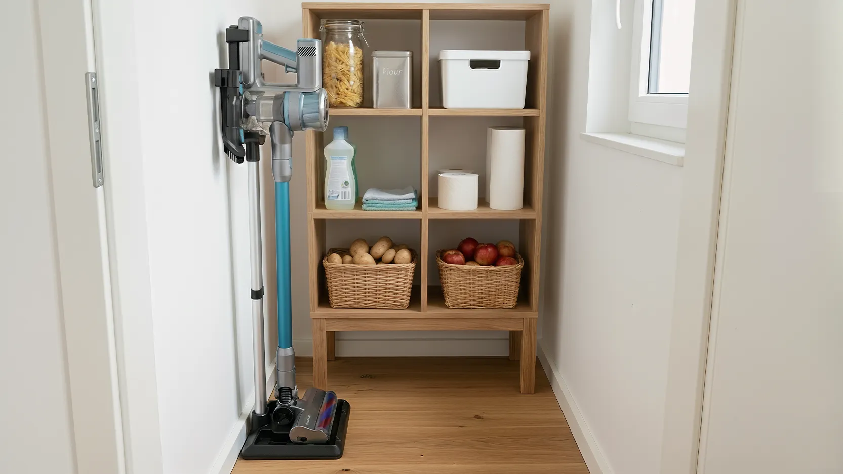 Alles an seinem Platz: Ein kabelloser Staubsauger steht in einer Ladestation neben einem Holzregal mit Körben, Gläsern und Haushaltsartikeln in einem hellen Raum.