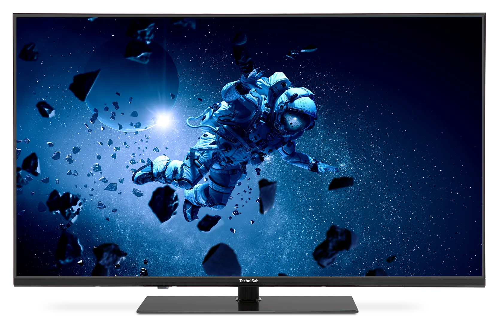 Ein TechniSat Fernseher, der in Blautönen einen Astronauten zeigt, wie er durchs Weltall schwebt und die vielen Unterhaltungsmöglichkeiten durch beispielsweise Streamingdienste, Mediatheken usw. verdeutlicht.
