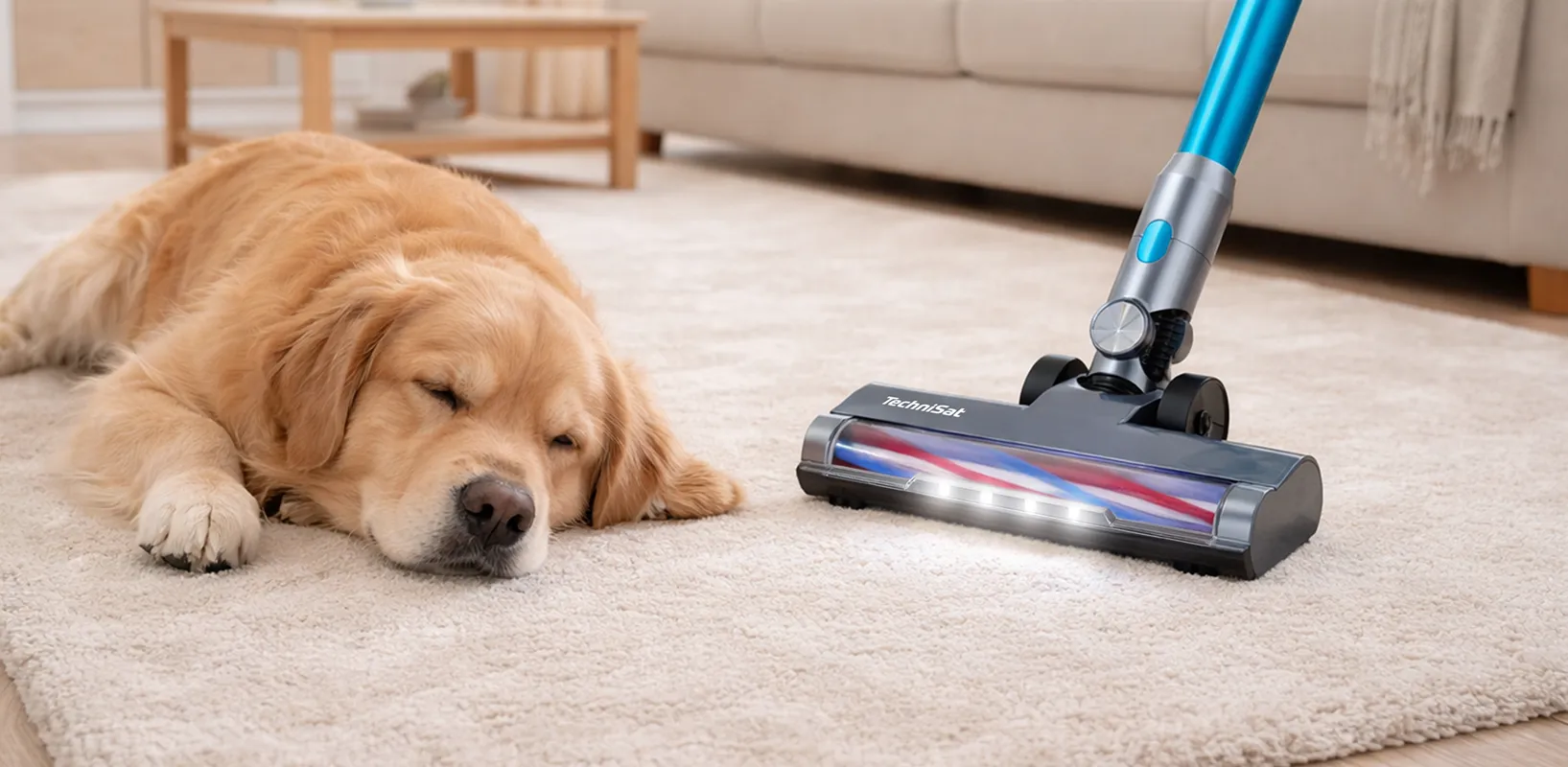 Staubsauger reinigt Boden neben schlafendem Hund und demonstriert so leisen Betrieb