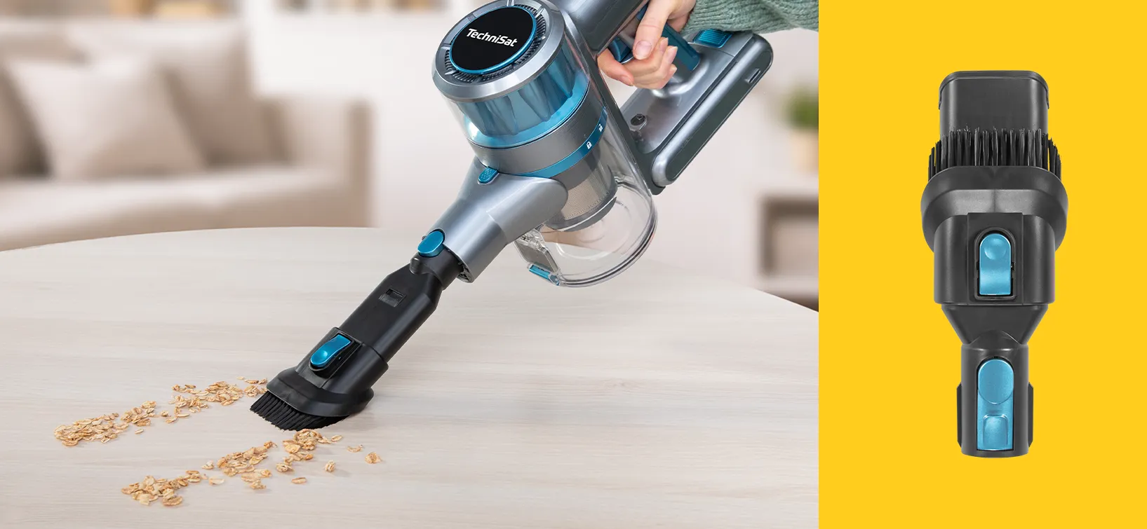 2 in 1 Tool ist am Handstück des Saugers befestigt. Damit wird Müsli aufgesaugt.