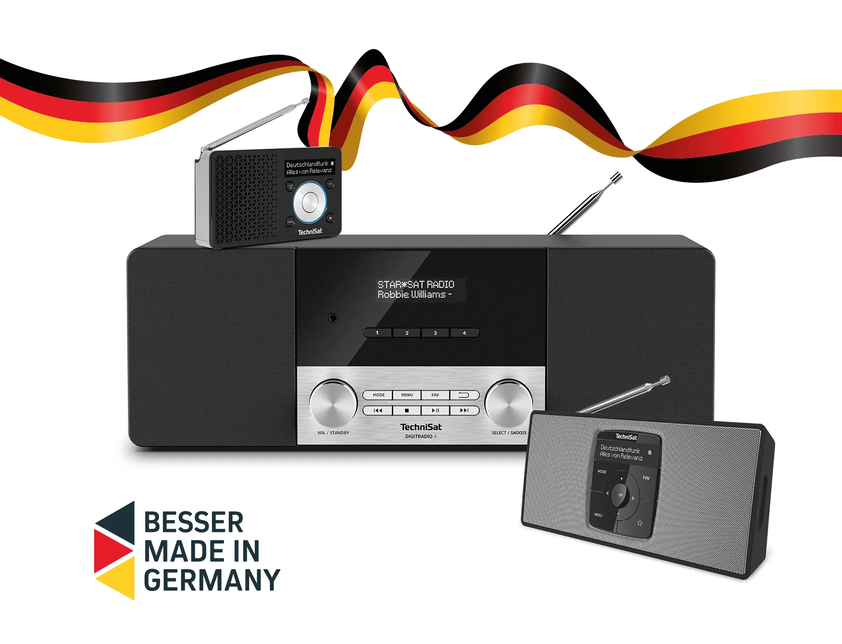 Abbildung von drei verschiedenen Radiomodellen von TechniSat „Made in Germany“. Ein Banderole mit Deutschlandflaggenoptik unterstützt die Aussage, dass die Geräte in Deutschland entwickelt und produziert werden.