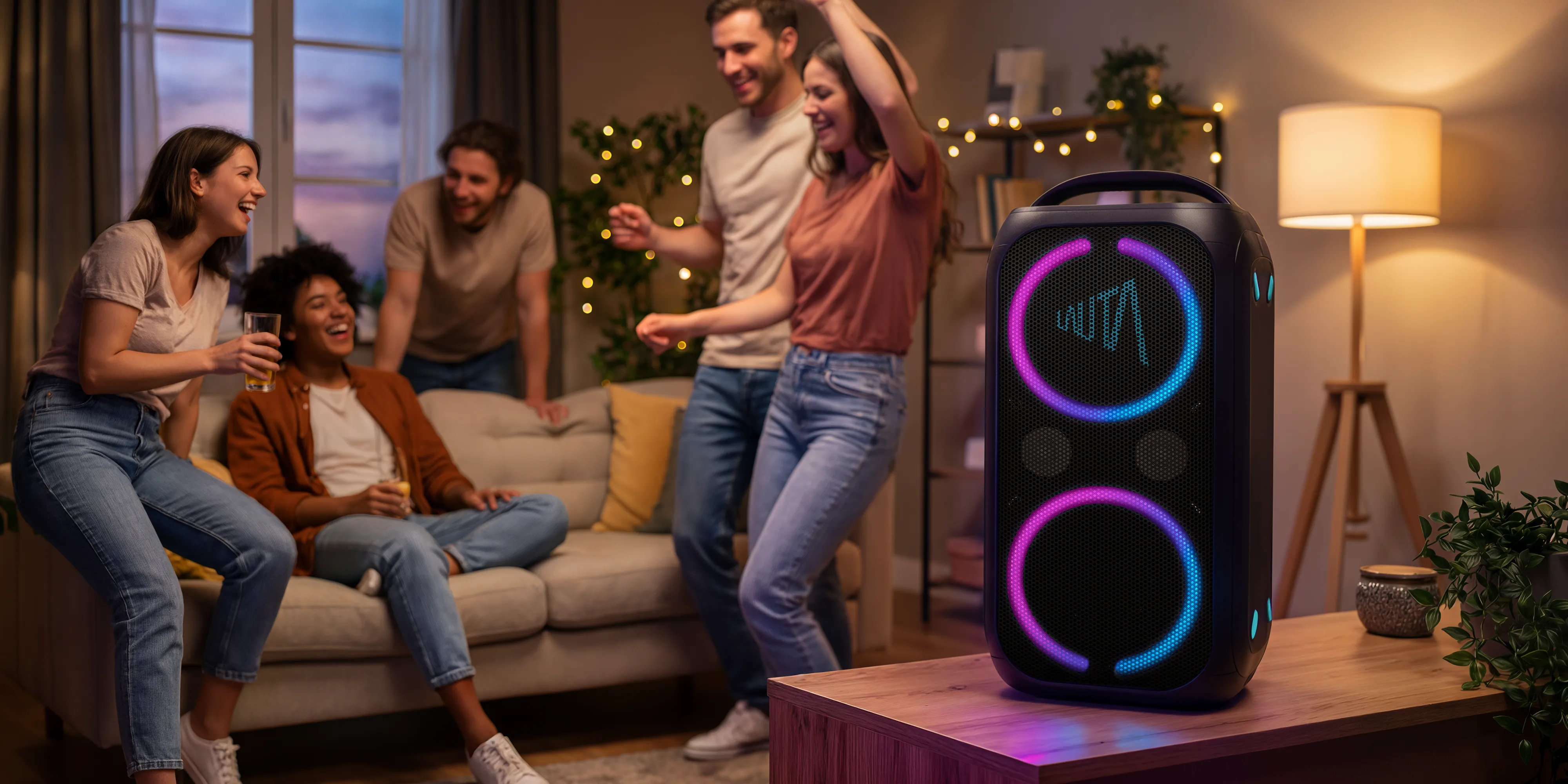 Freunde feiern im Wohnzimmer, tanzen und lachen, während ein Partylautsprecher mit bunten LED-Ringen Musik abspielt.