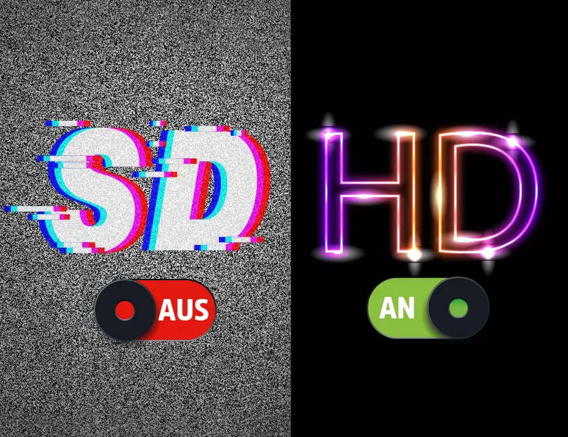 Symbolabbildung die zeigt, das das unscharfe SD-Fernsehen aus- und das scharfe HD-Fernsehen eingeschaltet wird.