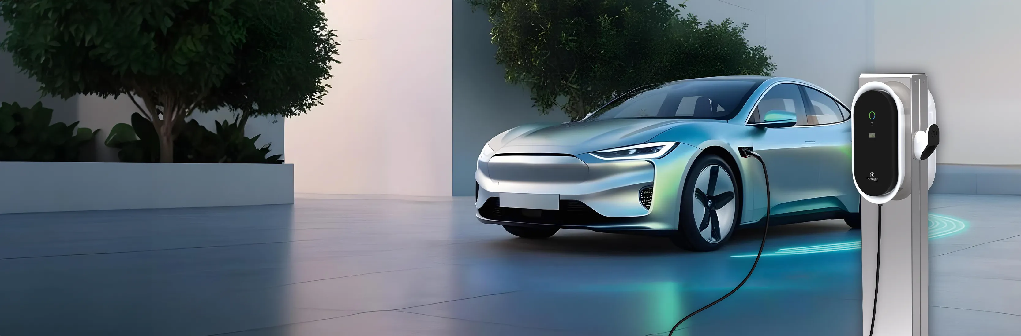 Futuristisch aussehendes und sehr sportliches Elektroauto auf modernem Fließenboden, das an ein TECHNIVOLT Wallbox angeschlossen ist. Die Wallbox hängt an einer elegant aussehenden Aluminium-Stele.