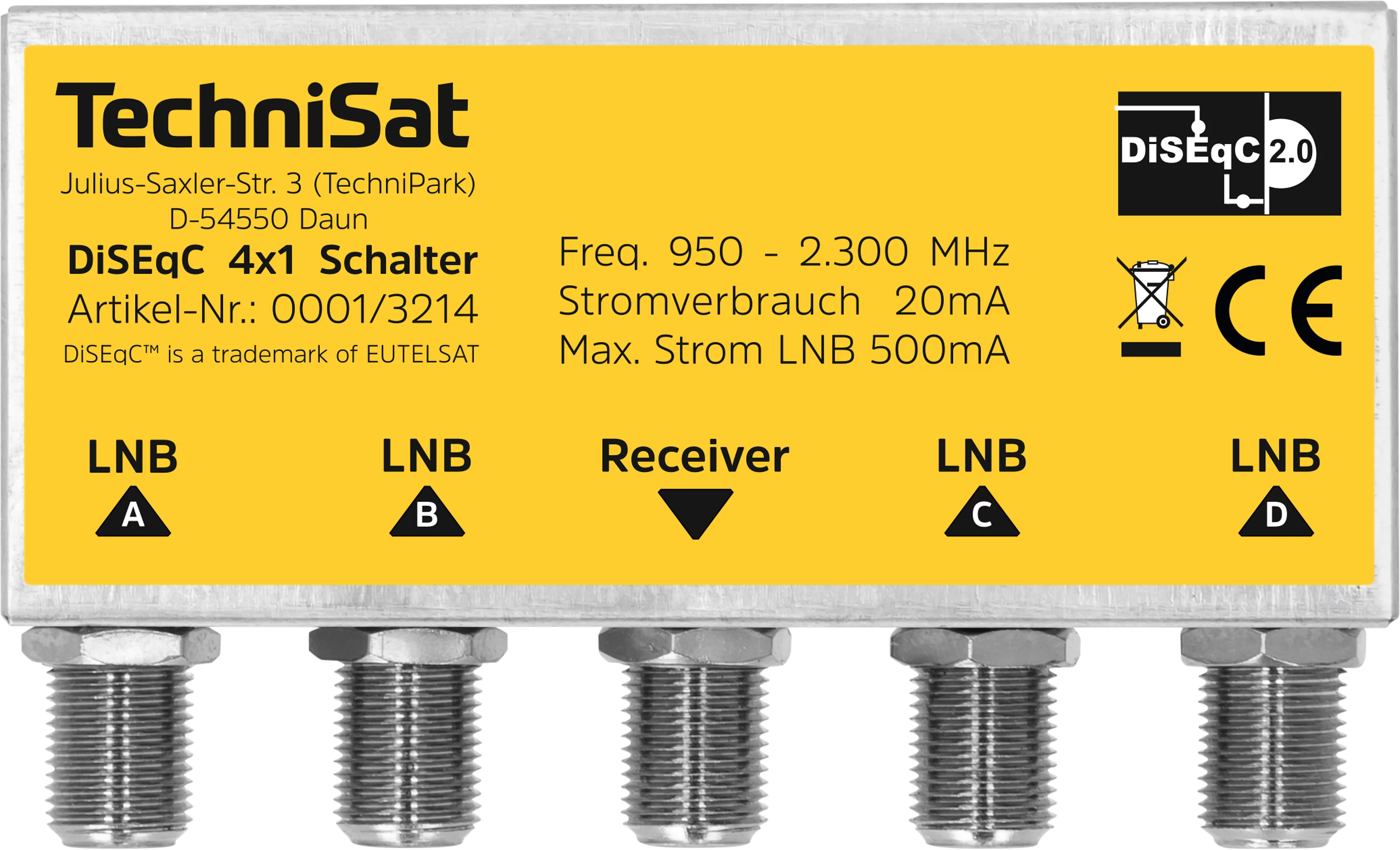 DiSEqC 4x1 Switch, Wetterschutzgehäuse Frontal, Front DiSEqC 4x1 Switch, Wetterschutzgehäuse Frontal, Front