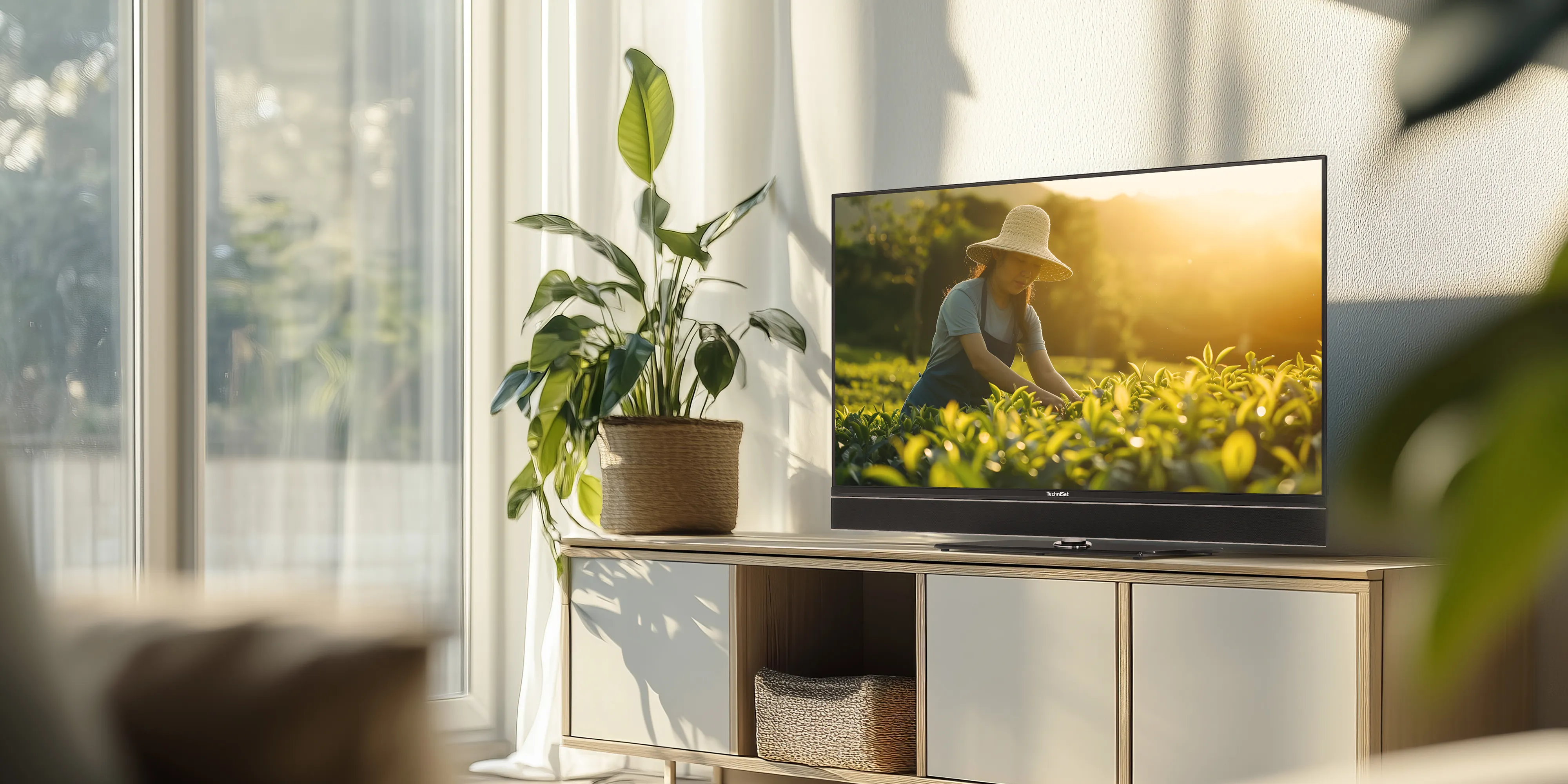 TECHNIVISTA 43 CL im sonnigen Wohnzimmer, Bild und Raumlicht harmonieren für ein stimmungsvolles Fernseherlebnis.